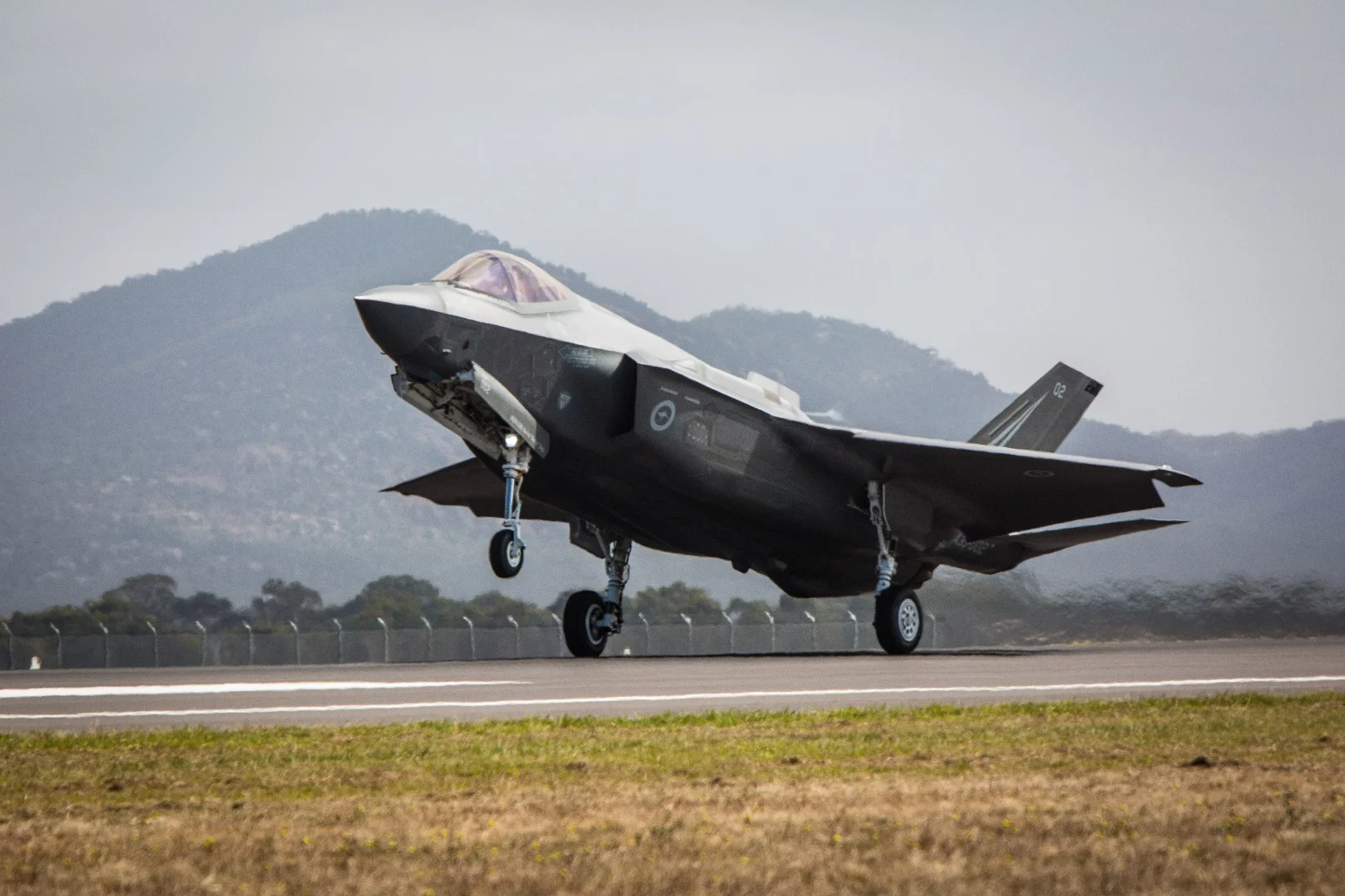 F-35 Joint Strike Fighter performs aerodynamic braking on the runway