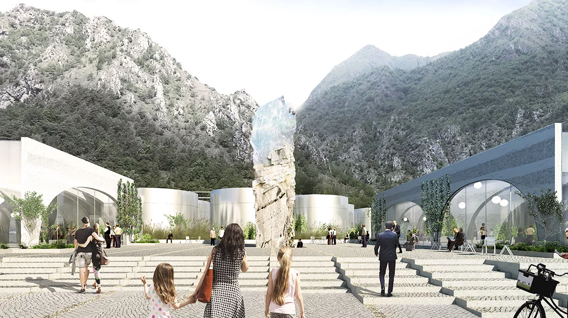 The S.Pellegrino Flagship Factory will include a large rock feature signifying the natural water's long journey through the mineral rocks