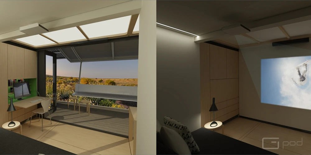 The Dwell's expanding system turns it from 14.8 sq m (160 sq ft) to 37.1 sq m (400 sq ft), including the deck (Image: G-pod)