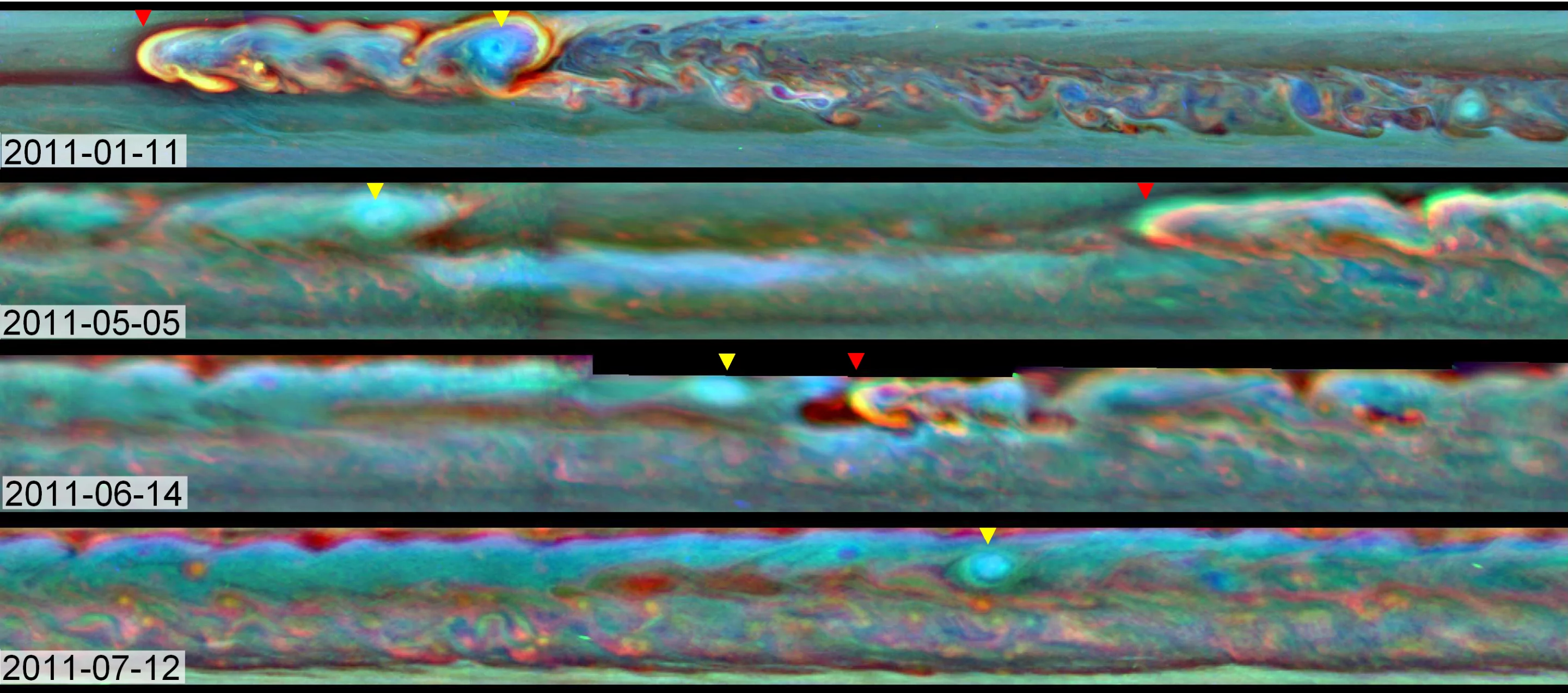 Annotated view of the evolution of a massive thunder-and-lightning storm showing the storm head and vortex locations (Image: NASA/JPL-Caltech/SSI/Hampton University)