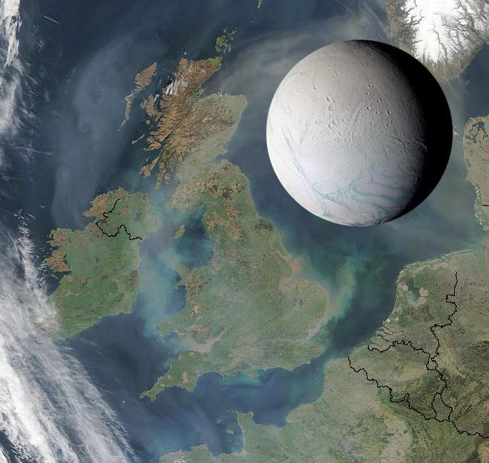 Enceladus compared to the British Isles (Image: NASA)