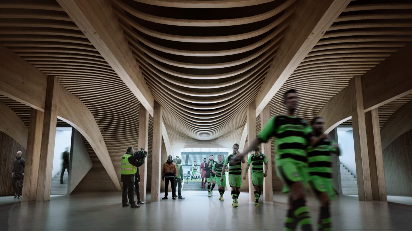 Though we usually associate ZHA with its gravity-defying concrete formwork, Forest Green Rovers Eco Park Stadium's wooden detailing looks impressive too