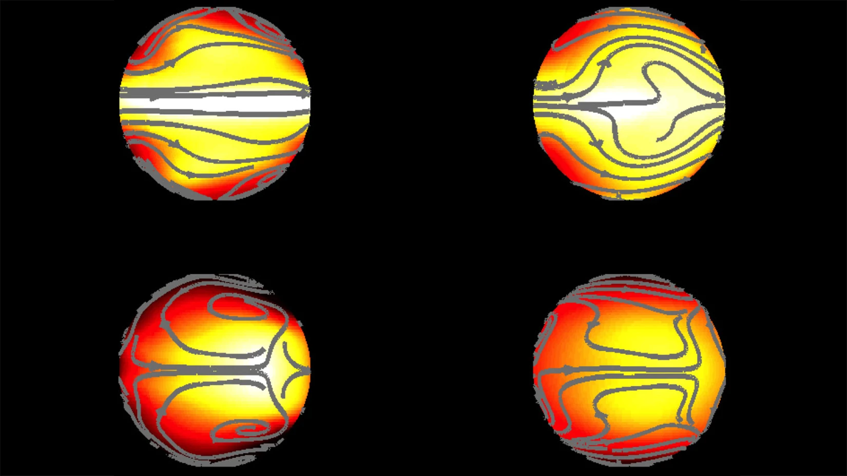 Graphic displaying the atmospheric processes at work on a simulated exoplanet with a surface friction similar to Earth (on the left) and with 10 times Earth's friction value (right)