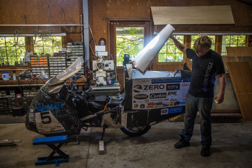 Electric Terry's record-setting bike in Craig Vetter's garage