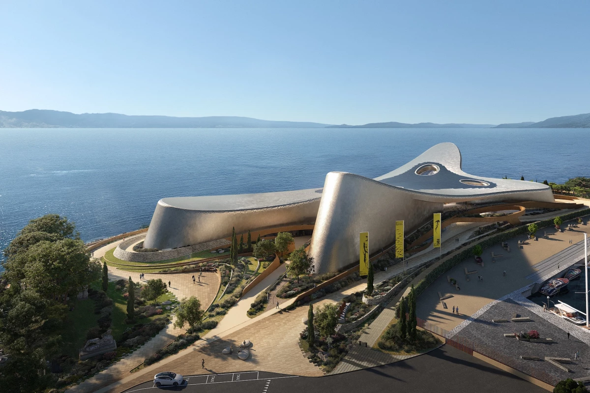 The Centre of Mediterranean Culture is defined by a sculpted aluminum exterior which has a shape informed by the local winds