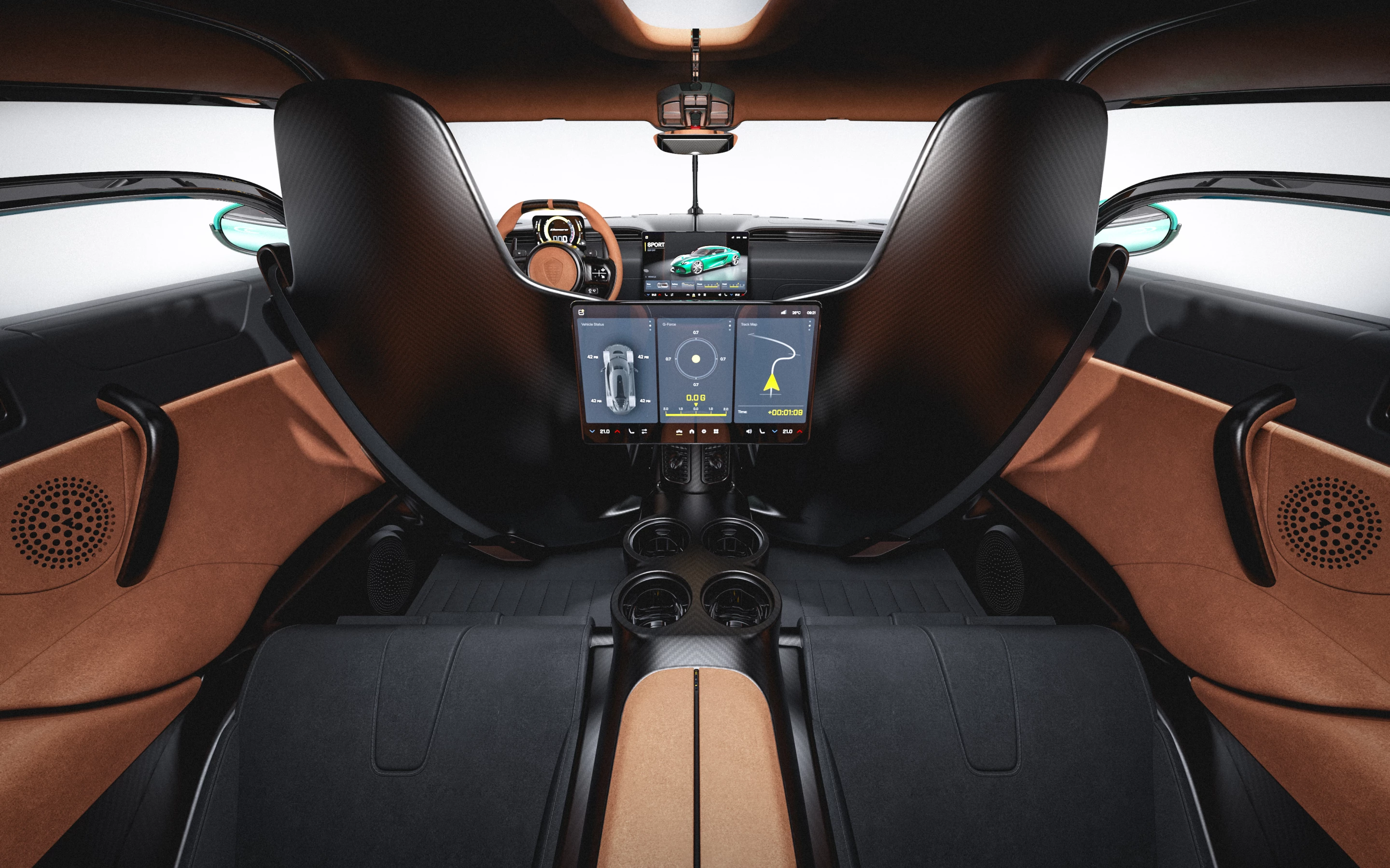 Rear seat passengers can use a screen to view vehicle metrics and other information in the Koenigsegg Gemera