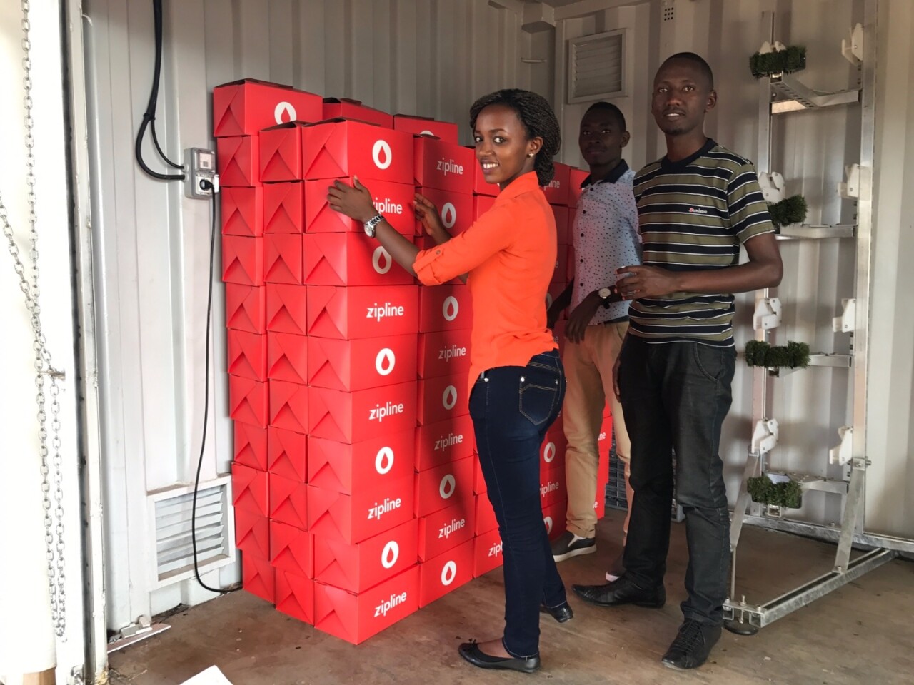 Emergency orders for blood are placed via text message and the required blood product, contained in a payload box, is loaded into a drone