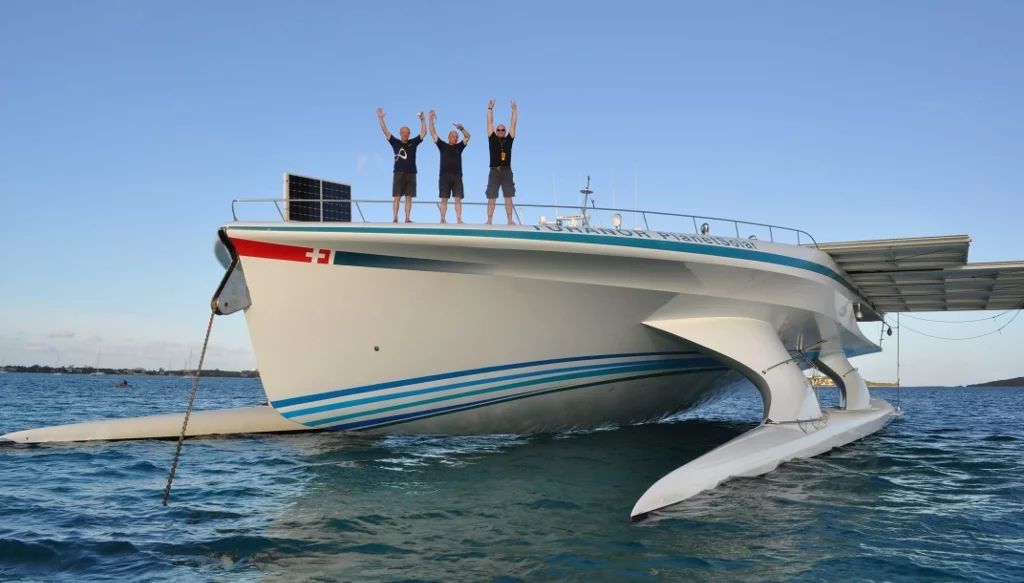 The Turanor PlanetSolar arrives at the town of Marigot on the island of St. Martin