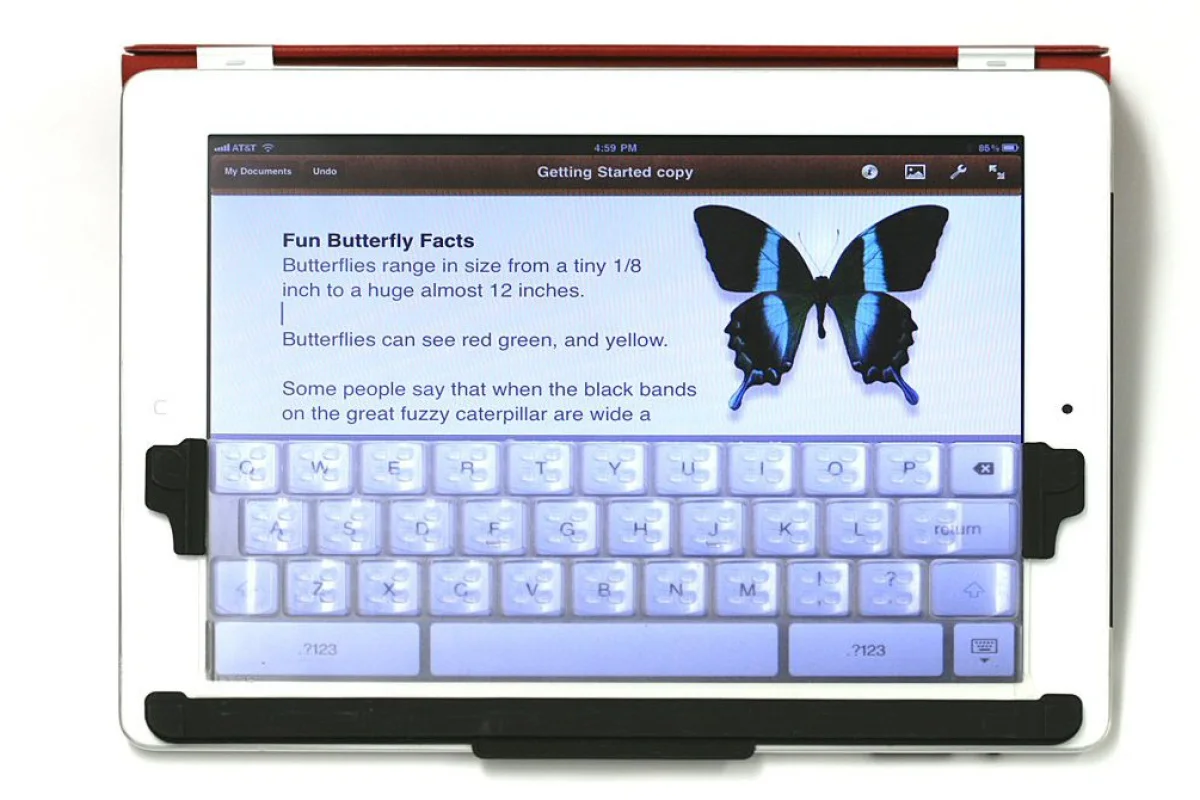 TouchFire is a transparent, silicone screen top keyboard for the iPad's virtual keyboard, that gives users the feel of raised keys as they type