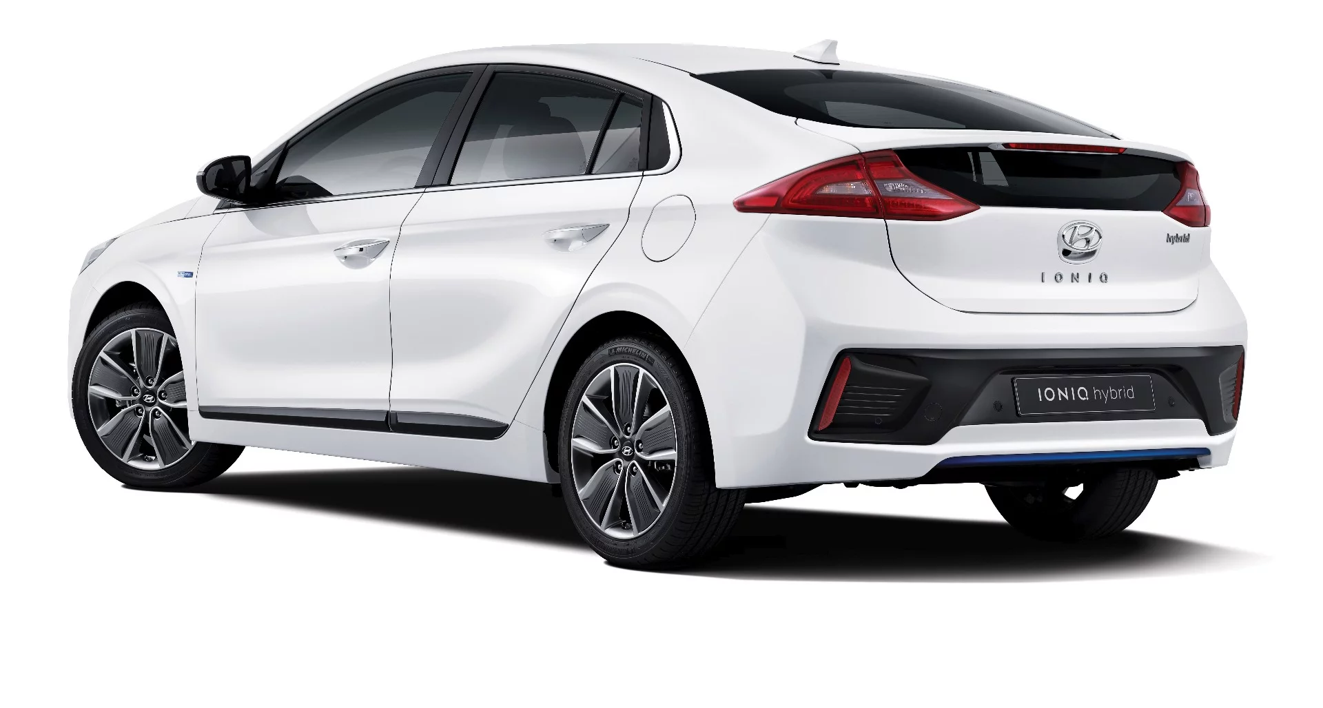 This angle from the rear quarter shows the Sonata-like styling of the Hyundai IONIQ