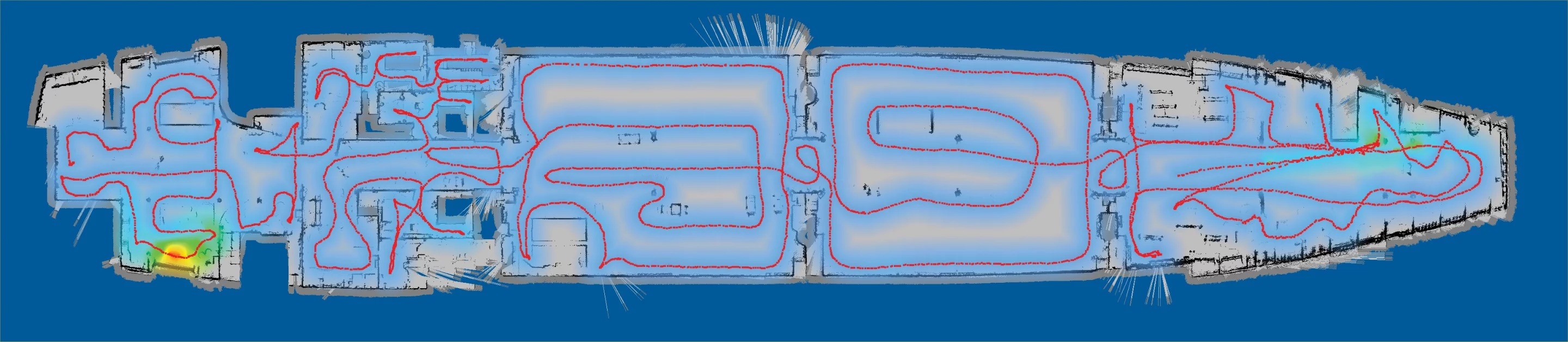 An EMAPS map of a ship, in which the red lines indicate the path taken by the user, and the colors indicate radiation levels