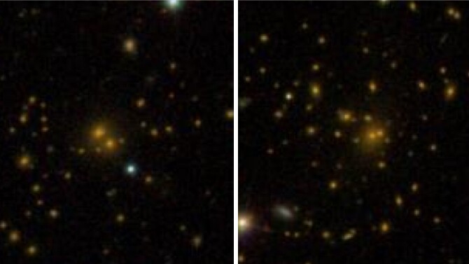 Images of a sparsely-packed cluster (left) and densely-packed galaxy cluster (right)