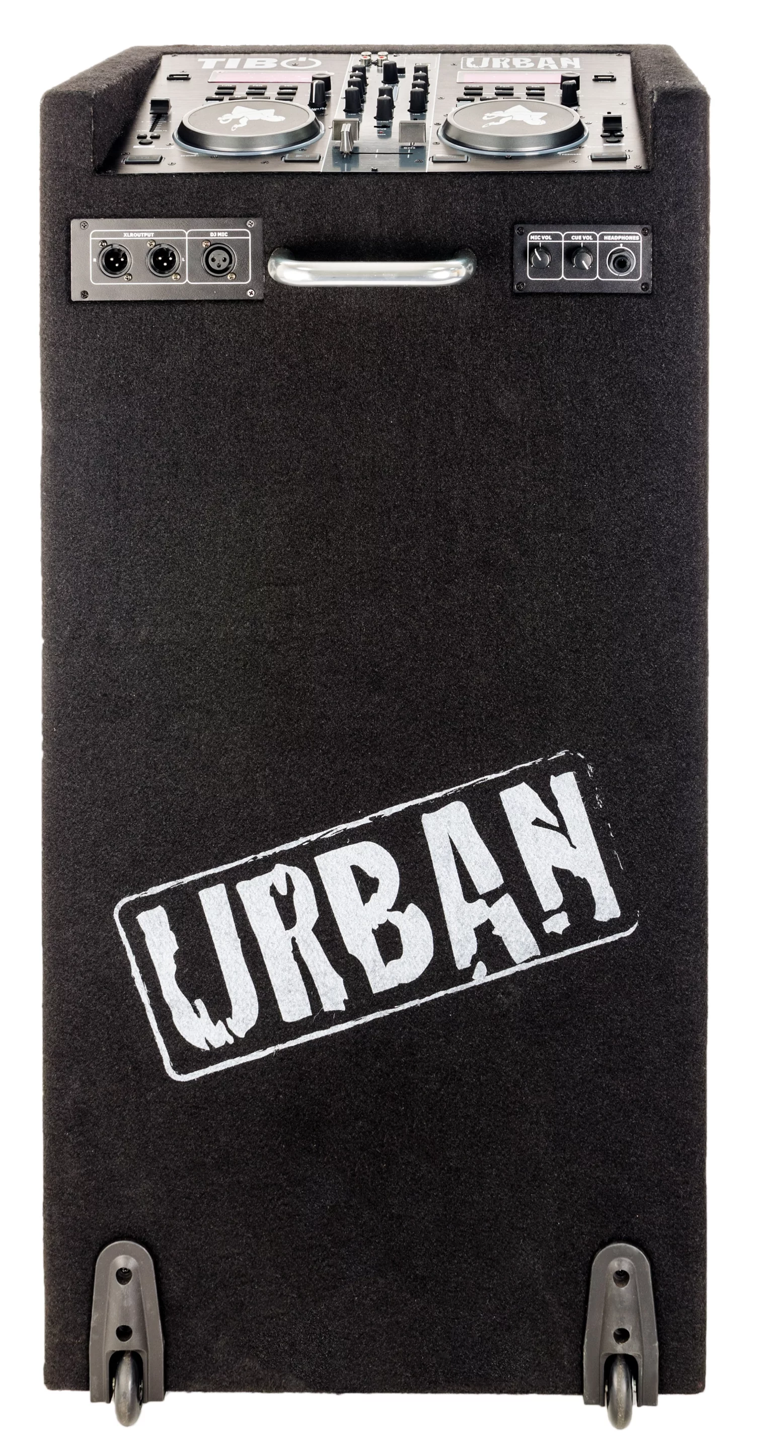 On either side of the Urban 500's metal handle at the rear of the tower are two XLR inputs, a microphone input and a headphone jack for monitoring