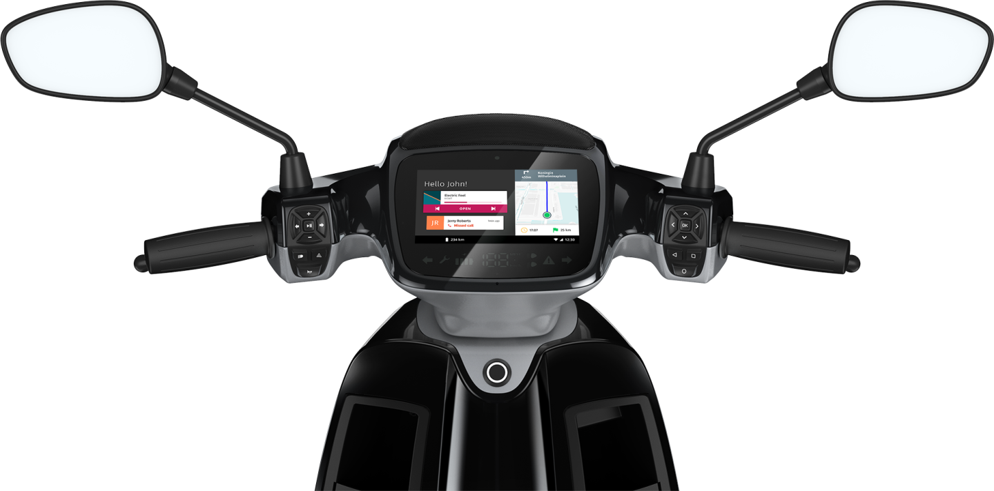 An AppScooter rider can setup navigation, launch apps, or stream music from a Bluetooth-paired smartphone using a combination of touchscreen tapping and controls on the handlebar