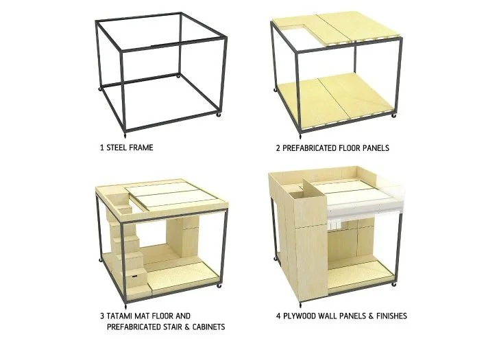 The cube can be easily assembled on-site within two days using regular tools