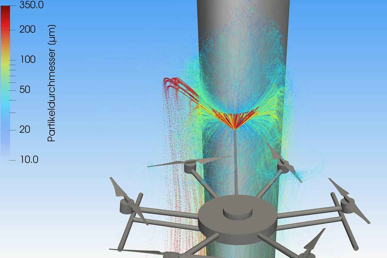 A computer simulation of the coating process being performed in windy conditions