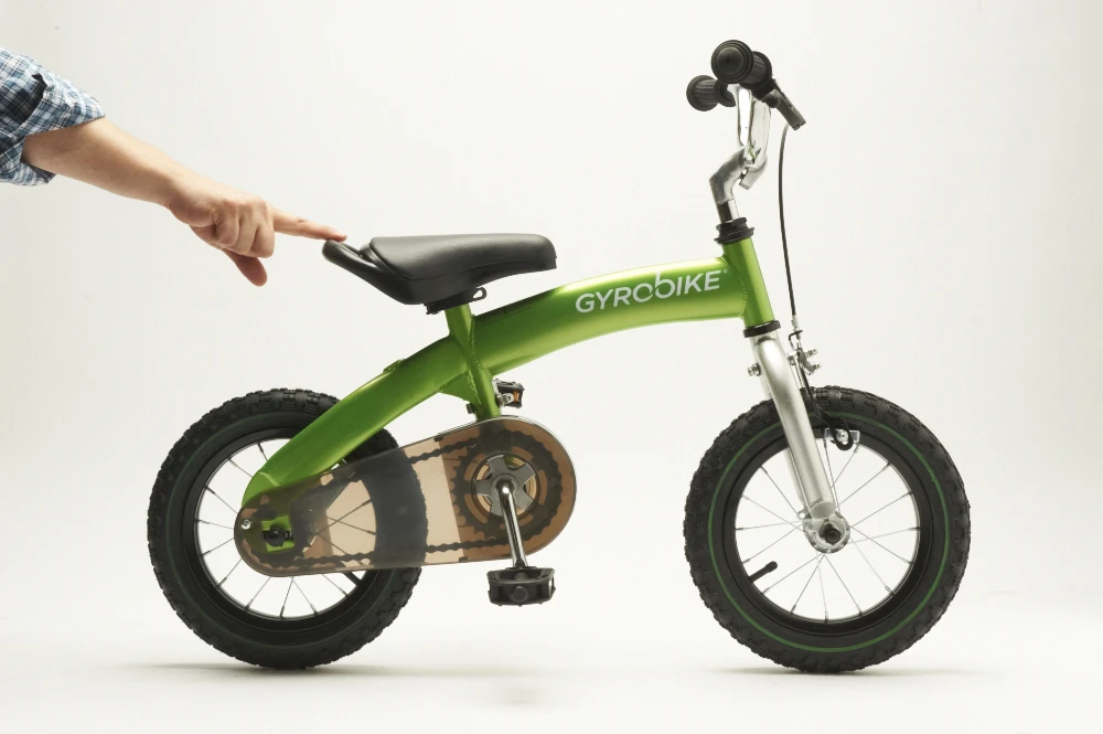 When the learner is confident and skilled, the Gyrowheel can be swapped for a standard wheel and the Gyrobike turns into a normal bike