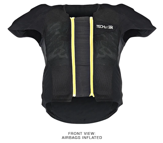 The airbag protects the rider's back, kidney areas, chest and shoulders