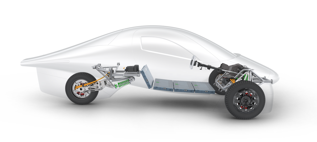 Simple chassis includes three 50-kW hub motors, a floor-mounted battery pack and a lightweight, super-strong composite chassis