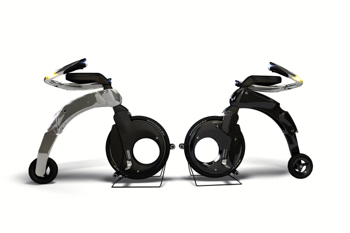 The Yikebike is a miniature, electric penny farthing made of carbon fiber capable of 25km/h (15 mph) with a range of 10 km or 20 km if you carry a spare battery