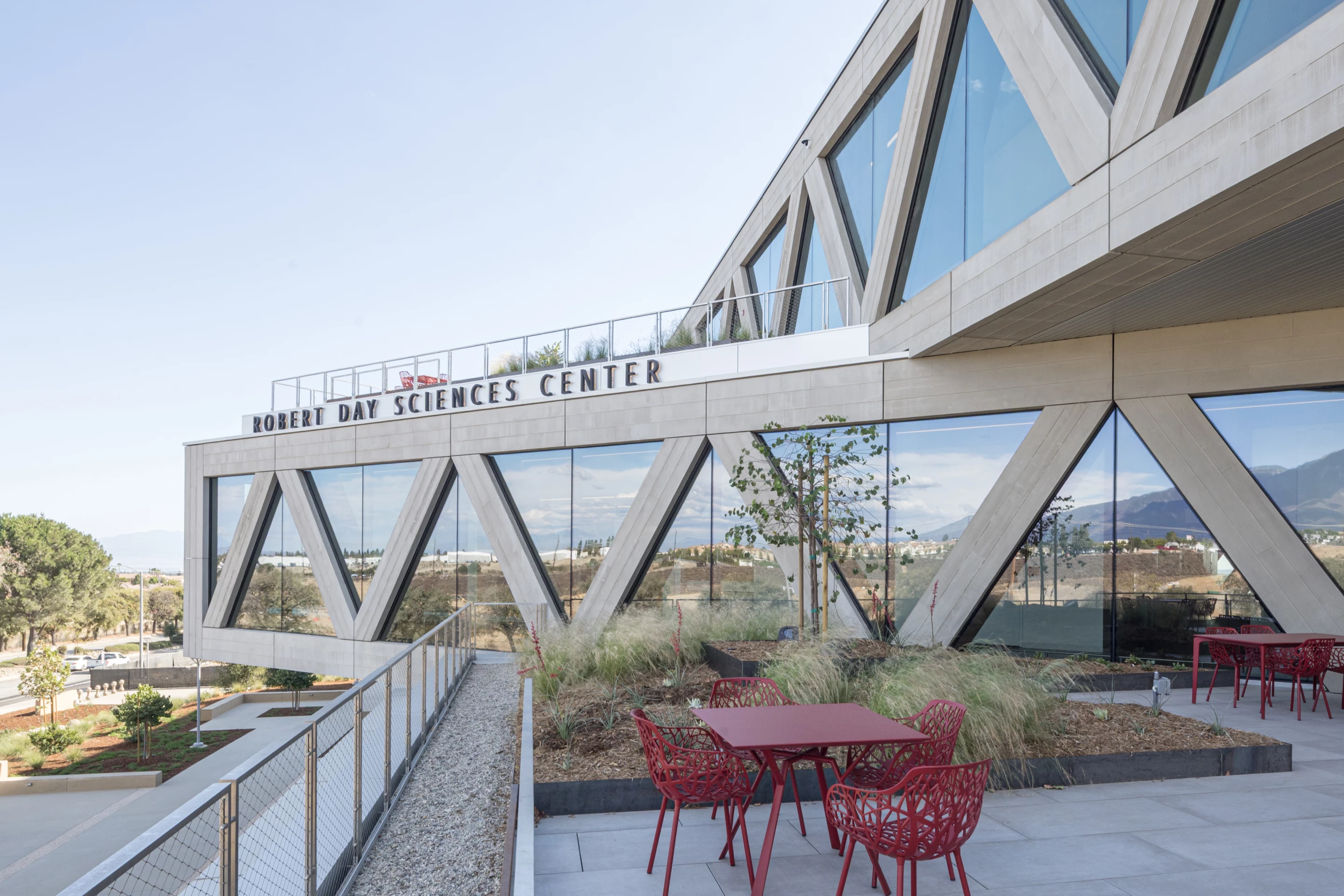 The Claremont McKenna College Robert Day Sciences Center's unusual form provides great opportunities for outdoor spaces