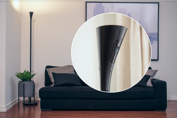 The HomeHawk Floor doubles the functionality of a corner floor lamp by integrating a 1080p home security camera into the design