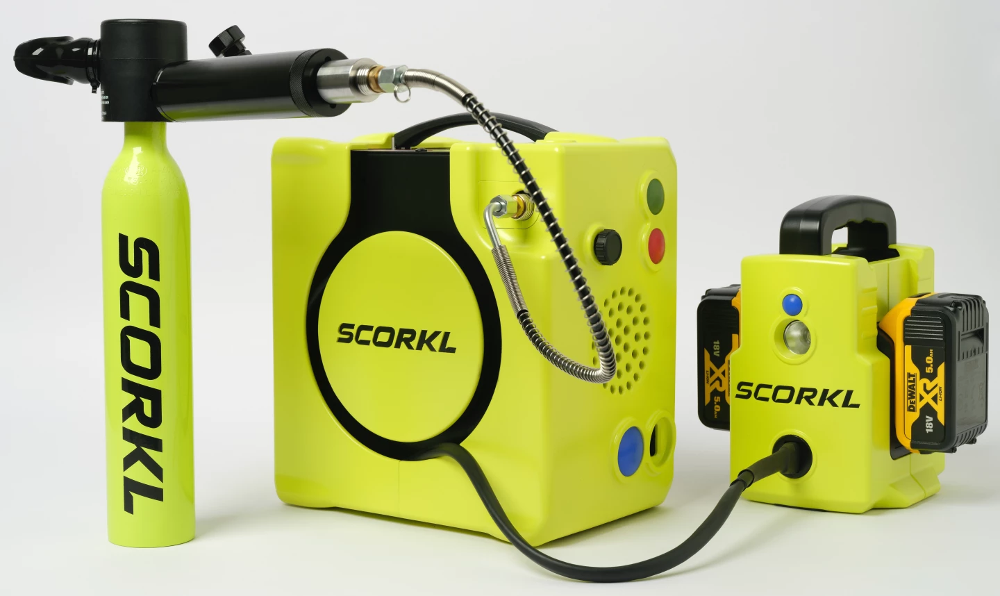 From left to right, the Scorkl 2.0 cylinder, air compressor and battery pack (with user-supplied batteries)
