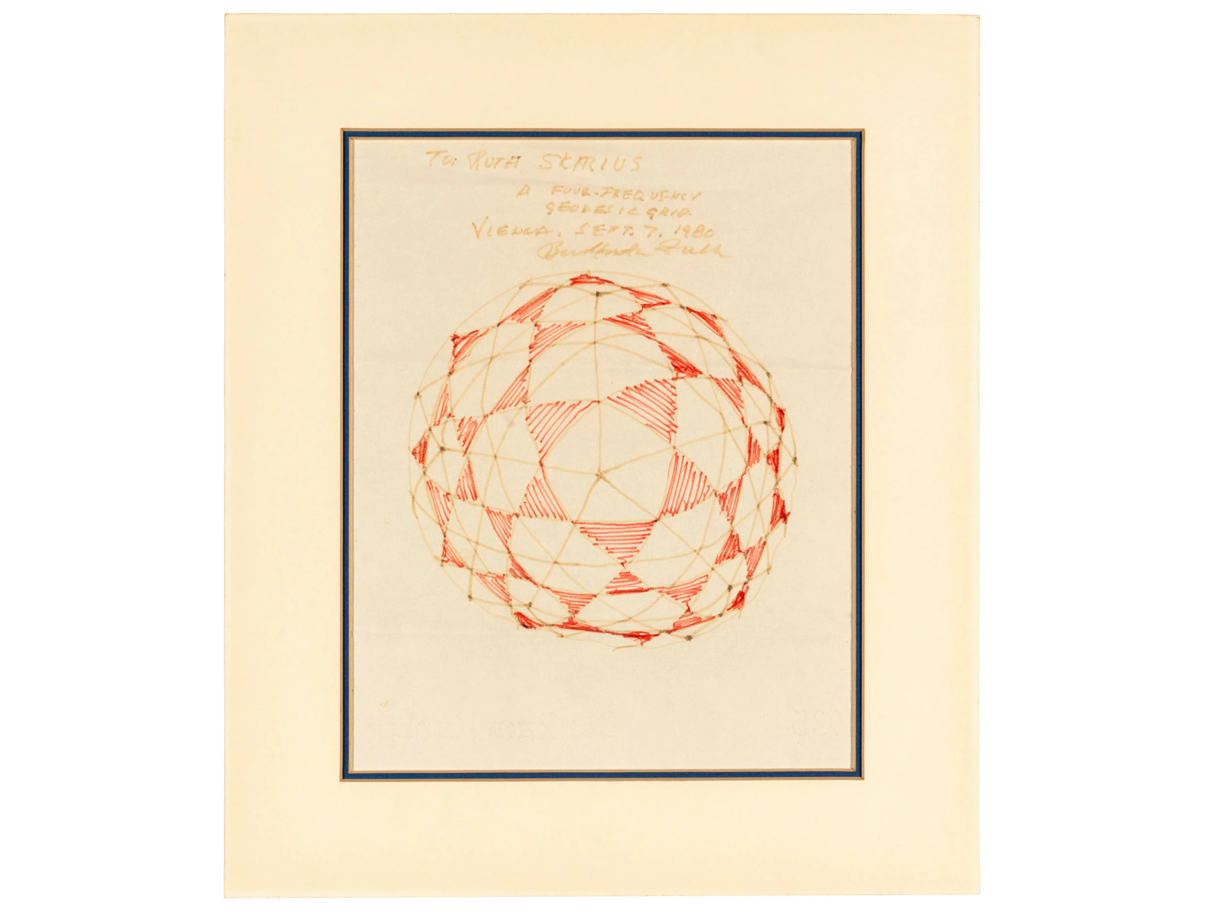 Drawing of 'A four-frequency geodesic grid' signed by 'Buckminster Fuller', September 1980. | Sold for: $2,682 (£2,125) by Christie's on July 16, 2020