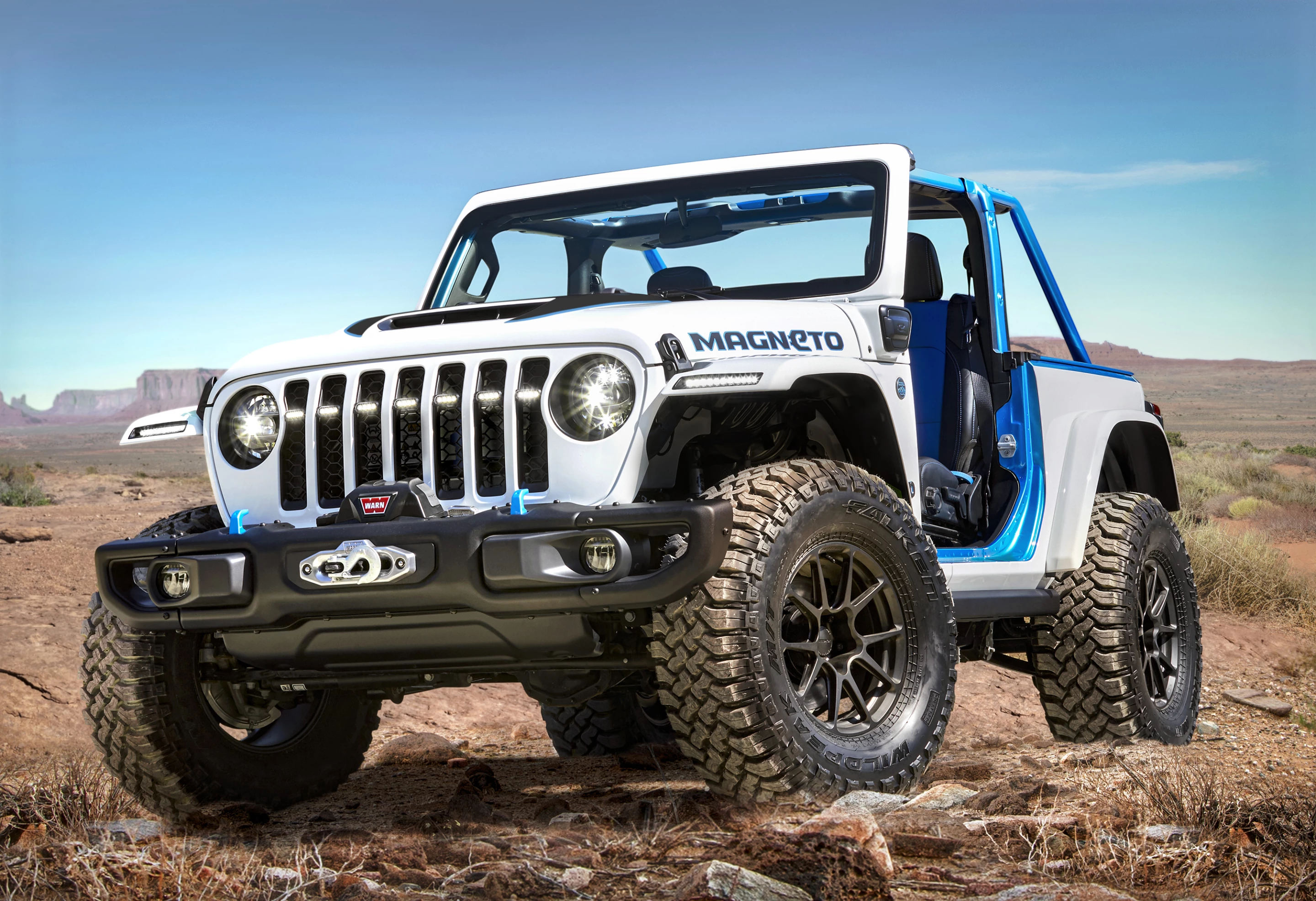 The Jeep Wrangler Magneto concept is as ready for full-on off-roading as any other Wrangler, but it'll do it without the tailpipe emissions or engine noise