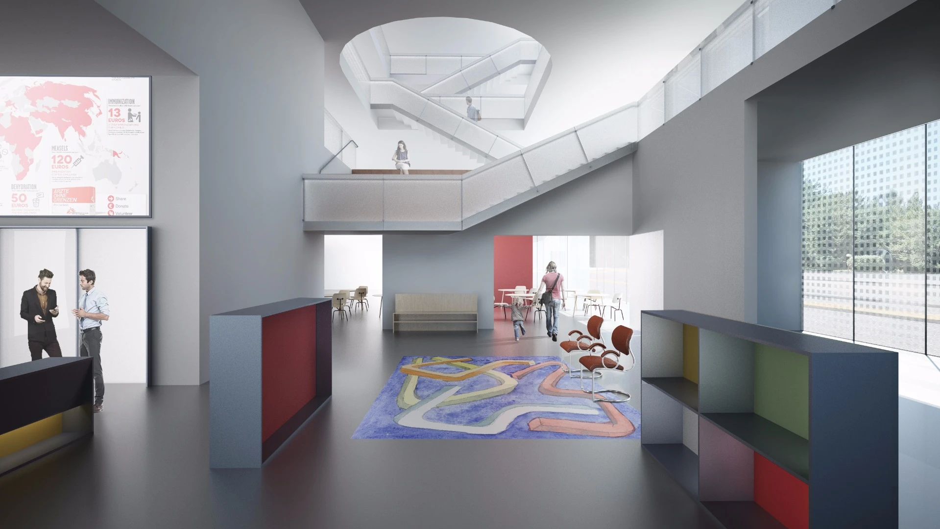 Inside the new Geneva Operational Center for Doctors Without Borders are criss-crossing passages flanked by seating alcoves and small gathering places