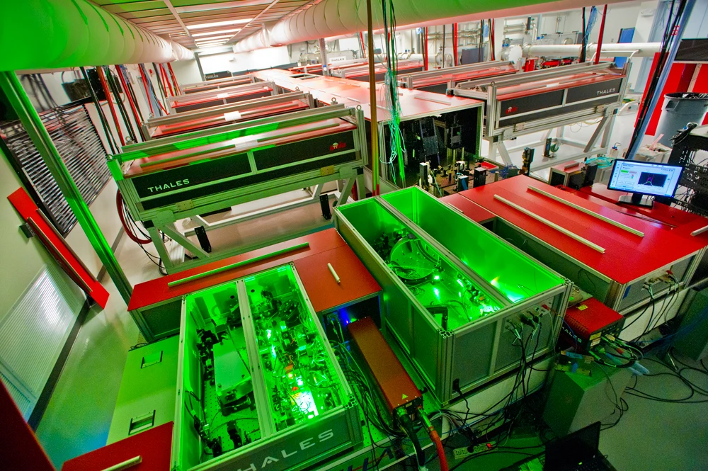 The BELLA laser during construction at Berkeley Lab. It recently delivered a record-breaking petawatt in a pulse just 40 femtoseconds long at a rate of one pulse per second