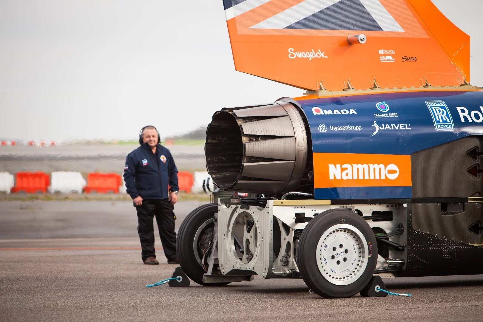 The car was initially fitted with a jet engine for this first run but an additional rocket is being developed to get it going even faster
