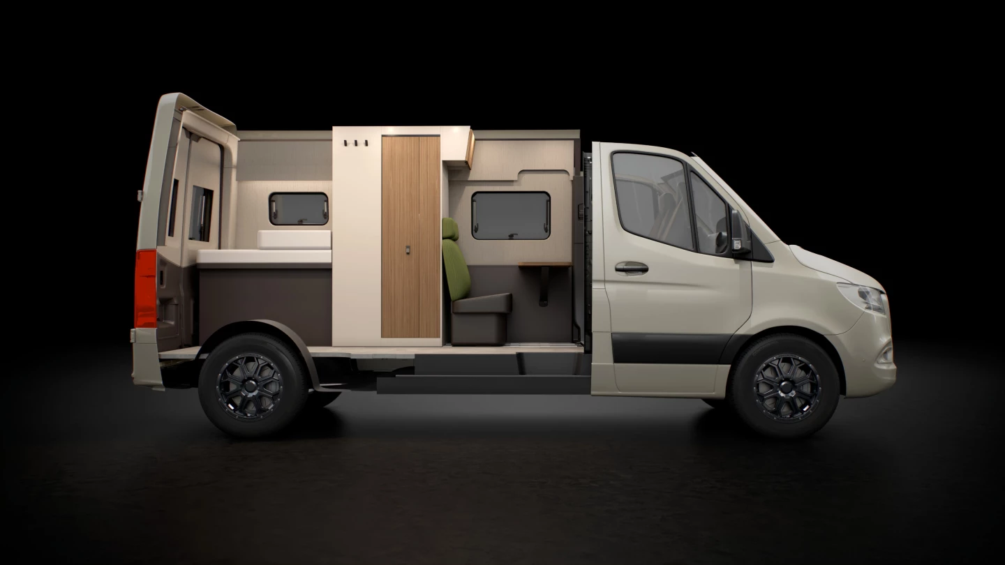 The Habiton sliding bathroom in day mode provides for plenty of footroom in the front dinette