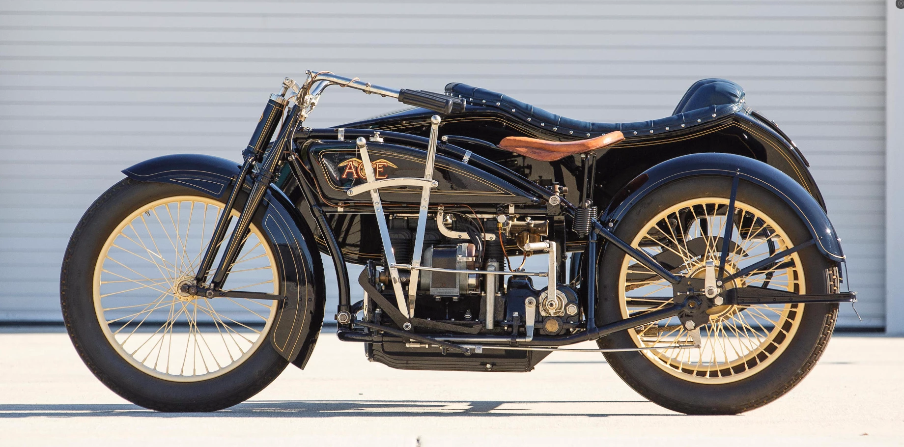 Resplendent in Packard Blue and cream wheels, this beautifully restored 1922 Ace Four Cylinder with FLXI Observer Side Car was first restored in 1965 by Lou Lichv, who then proceeded to ride the wheels off of it. With Lou's passing, the subsequent owner began a thorough restoration of the motorcycle with the 75 ci. inline four cylinder engine completed by Dennis Young. Both the motorcycle and sidecar have been meticulously restored with correct Ace colors and pin striping. The outfit is expected to fetch between US$ 90,000 and $110,000