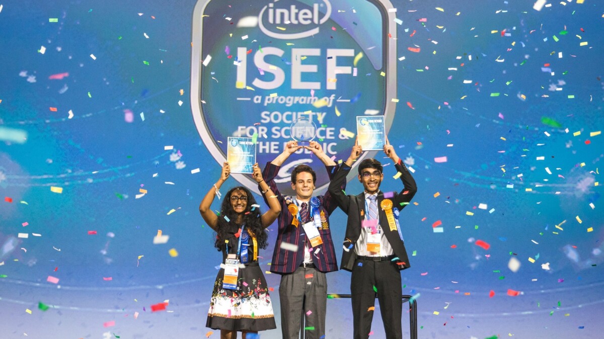 ISEF winners: Oliver Nicholls of Sydney, Australia (middle), Meghana Bollimpalli of Little Rock, Arkansas (left) and Dhruvik Parikh of Bothell, Washington (right)