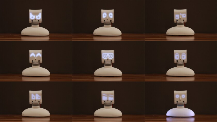 Picoh's LED face can be animated to convey different emotions and programmed to respond to different stimuli, like sound or when he recognizes faces