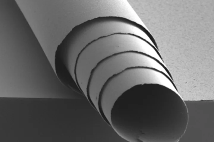A rolled film of the material – the roll is about one tenth the diameter of a human hair