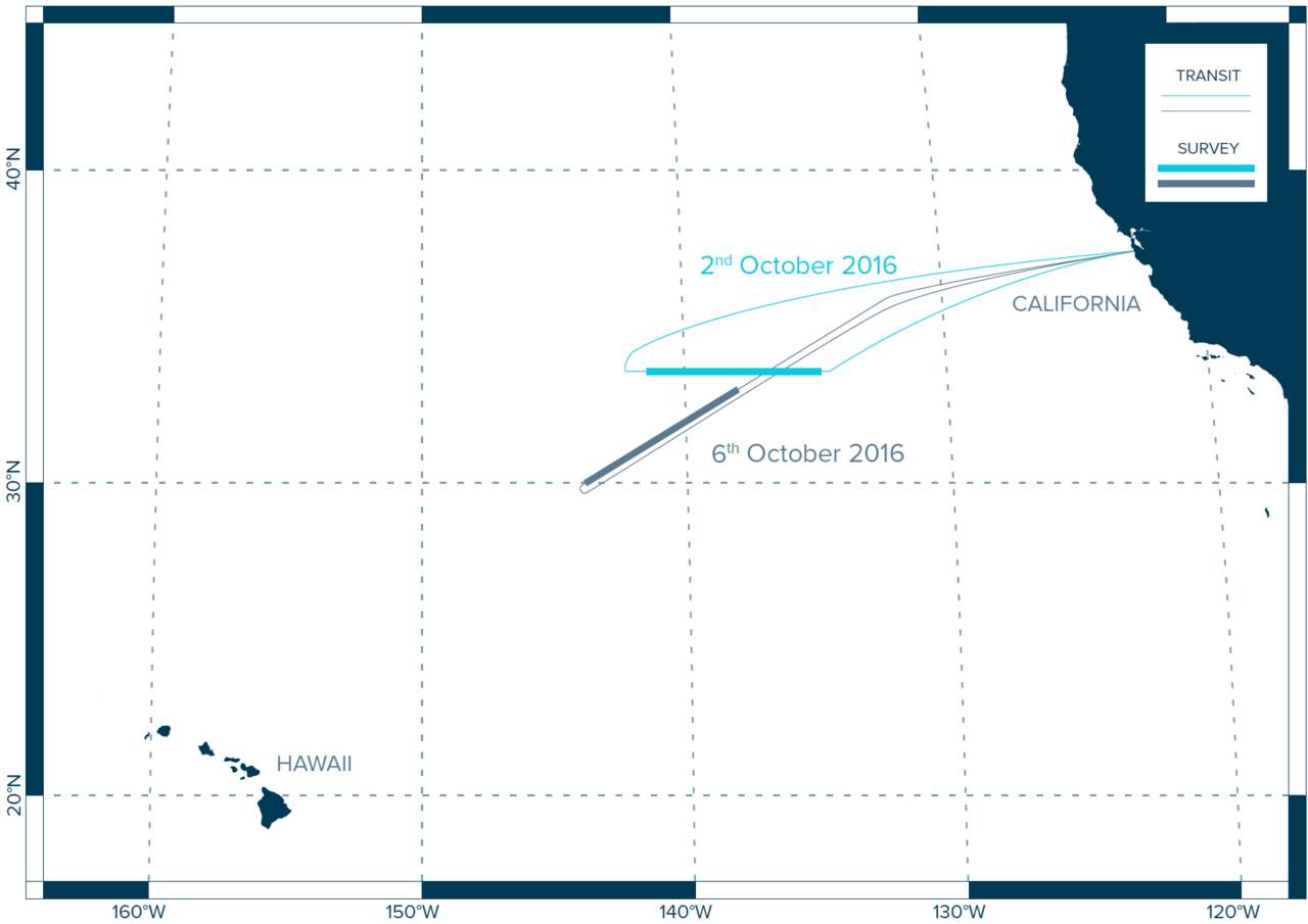 Map of the survey routes carried out from the air by the Ocean Cleanup Project in 2016