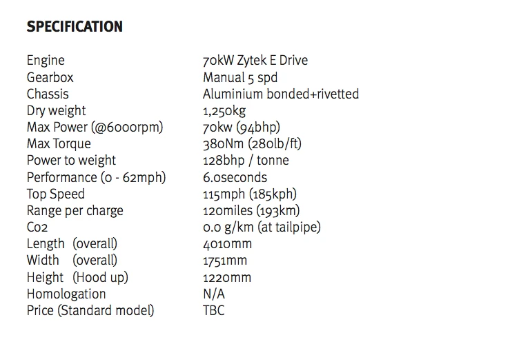 The specifications of the Morgan Plus E