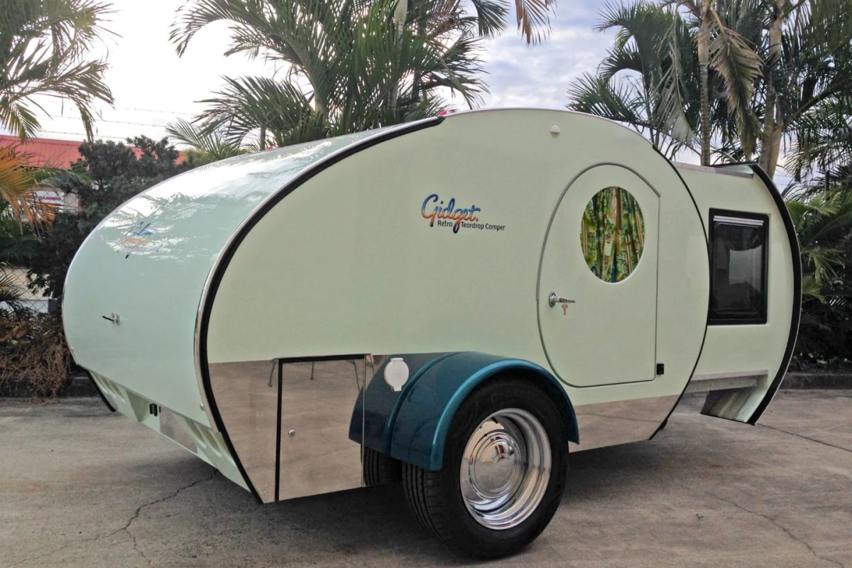 A slide-out module increases the interior space in the Gidget trailer