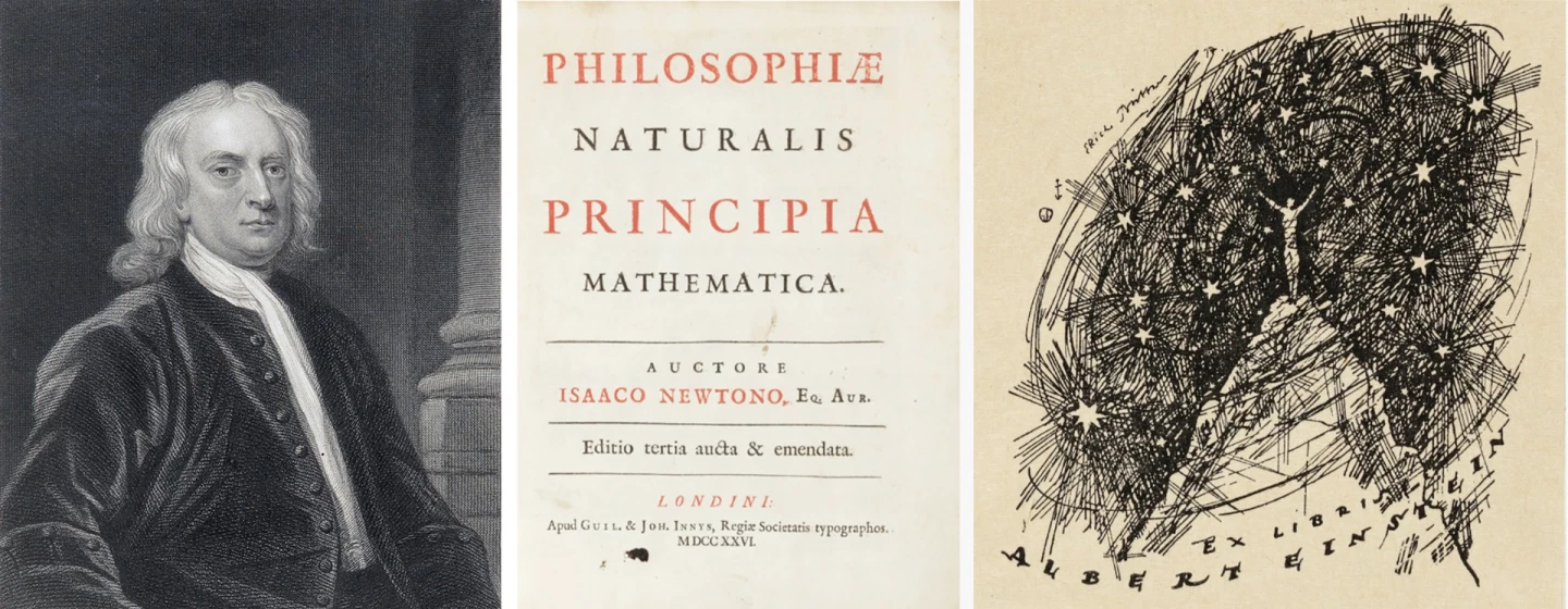 Philosophiæ Naturalis Principia Mathematica is the Latin title of Sir Isaac Newton's famous work on the laws of motion and universal gravitation. Often referred to as "the greatest work in the history of science", Newtonian physics was all we knew until roughly a century ago when Albert Einstein's theory of relativity advanced our understanding in one quantum leap. Einstein was a huge fan of Newton and once referred to Newton's theories as "perhaps the greatest intellectual stride that it has ever been granted to any man to make", so it was a privilege to be able to see Einstein's personal copy of Newton's book go to auction last week. This third edition of the work contained the Einstein bookplate, indicating that it was Einstein's personal copy and would have been repeatedly handled by the quintessential modern genius. If there was ever an object "touched by genius", this is it. It sold for $87,500, which is considerably cheaper than many of the Einstein letters and postcards which reach auction. Two geniuses for the price of one. A bargain!