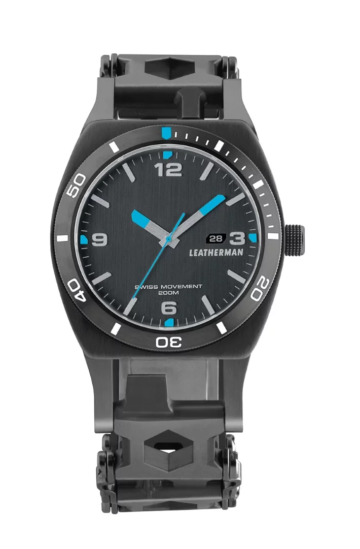 The Leatherman watch has glow in the dark hands and hour markers