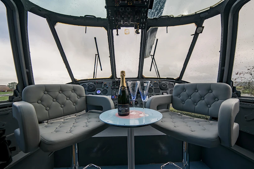 Helicopter Glamping comes with a spectacular cockpit lounge area that takes advantage of the views across the Carse of Stirling to the Fintry Hills