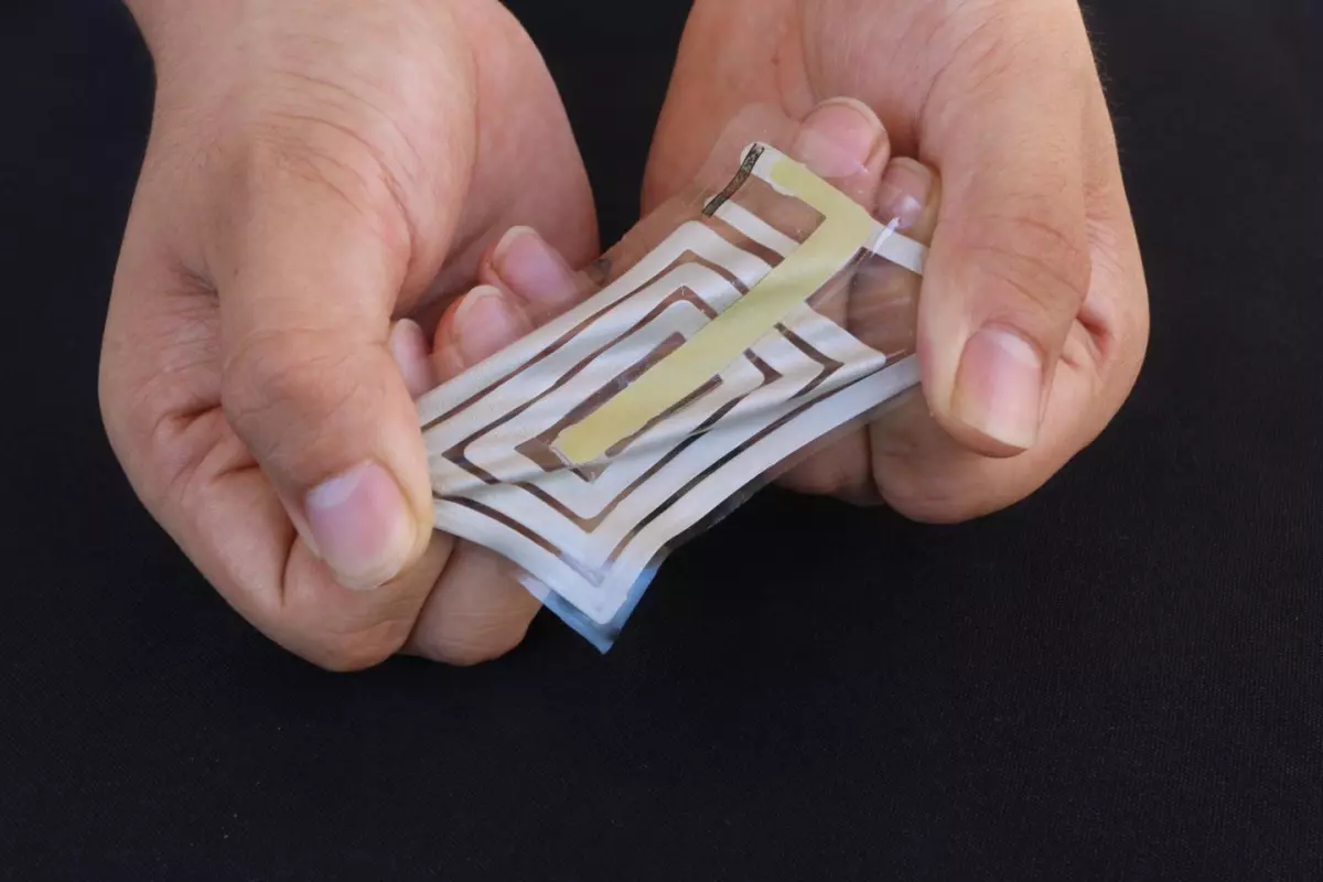 One of the stretchable, flexible, skin-adhered BodyNet sensors
