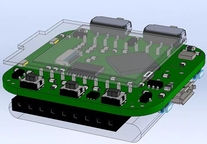 3d transparent rendering of the insides of the assembled Oscilloscope Watch (Photo: Gabatronics)