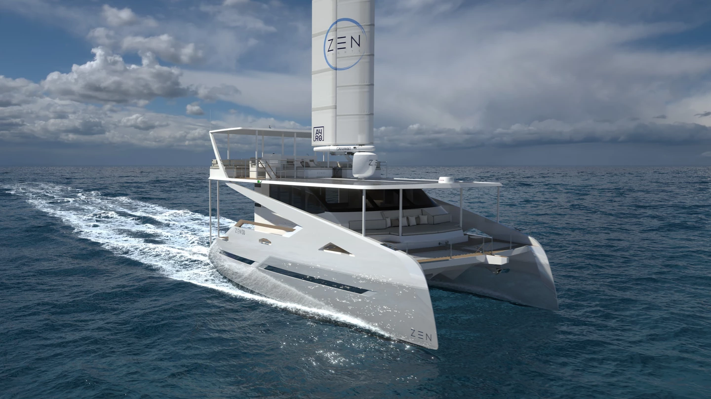 On solar alone, the Zen50 has a cruising speed of 4.5 - 5 knots, but with assistance from the wingsail that can rise to 10 knots