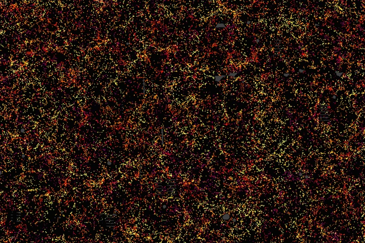 This is one slice through the map of the large-scale structure of the universe from the Sloan Digital Sky Survey and its Baryon Oscillation Spectroscopic Survey, with each dot indicating the position of a galaxy 6 billion years into the past