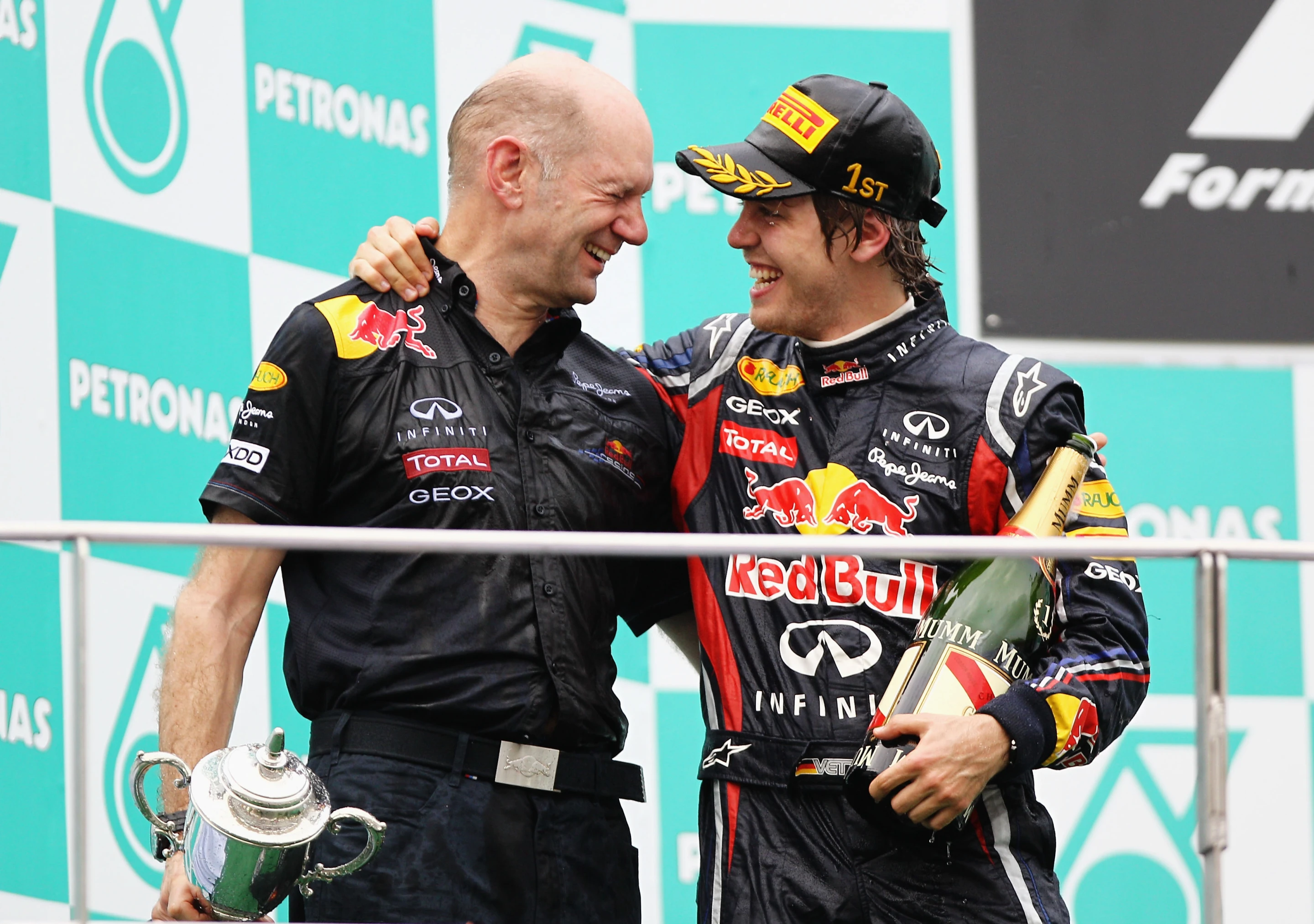 World Champ Vettel with F1's most successful designer, Adrian Newey OBE