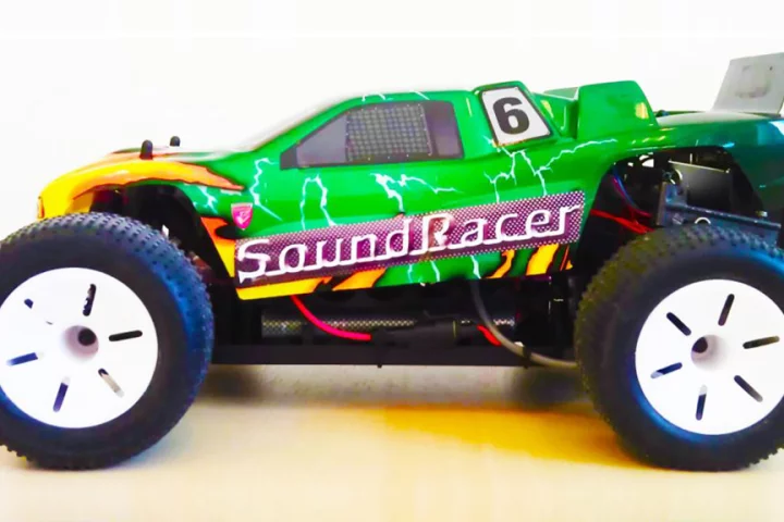 The RC car fitted with SoundRacer's Electric Vehicle Sound Module, EVSM-2