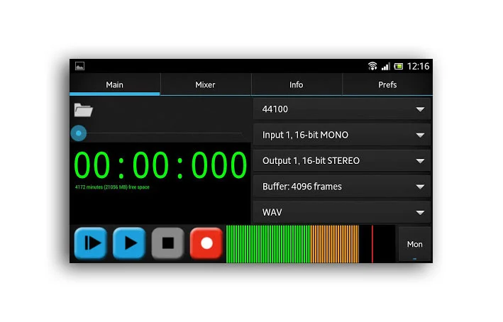 The main page of eXtream's USB Audio Recorder PRO (on smartphone)